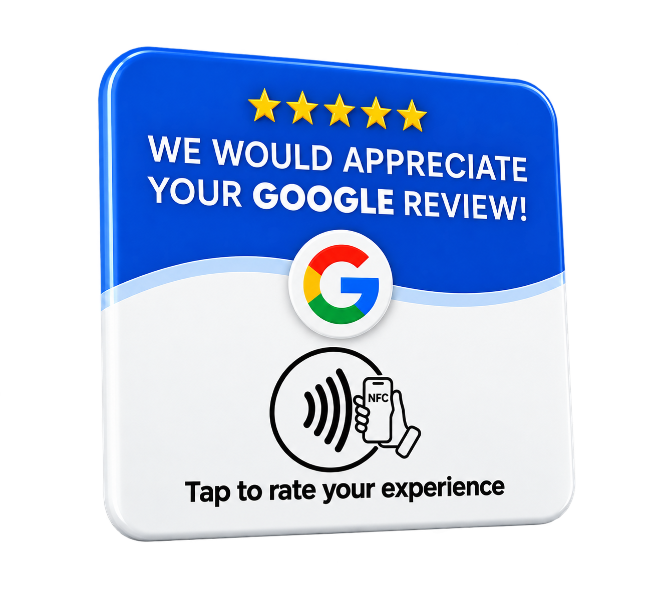Upside NFC Google review card, angled 3D view
