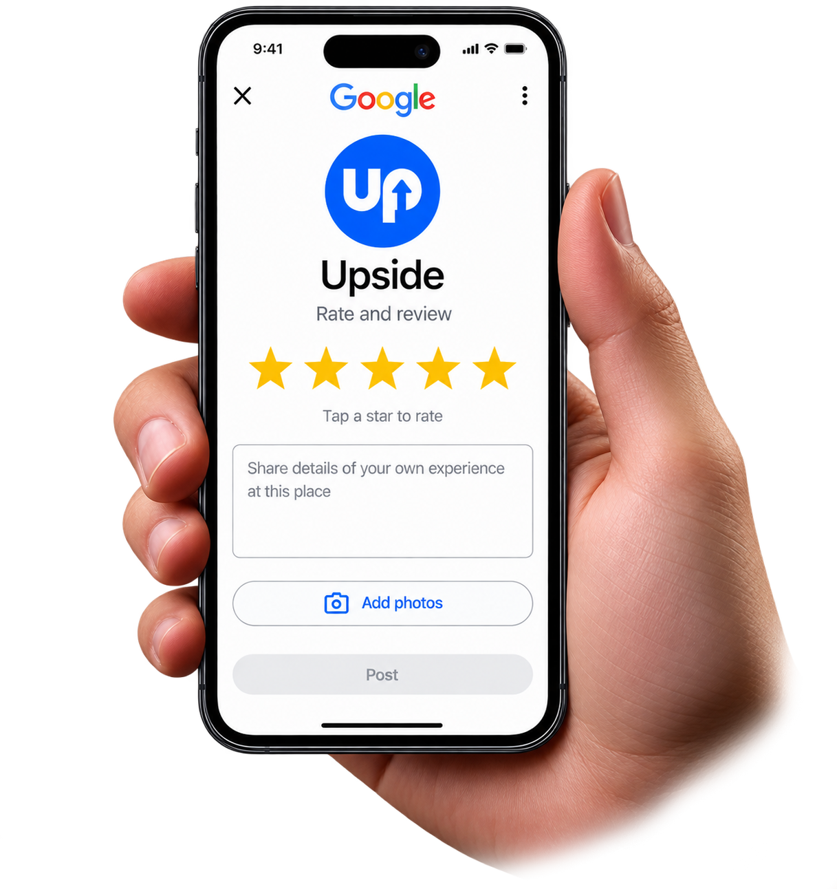 A phone showing the Google review screen for a business after tapping the Upside card
